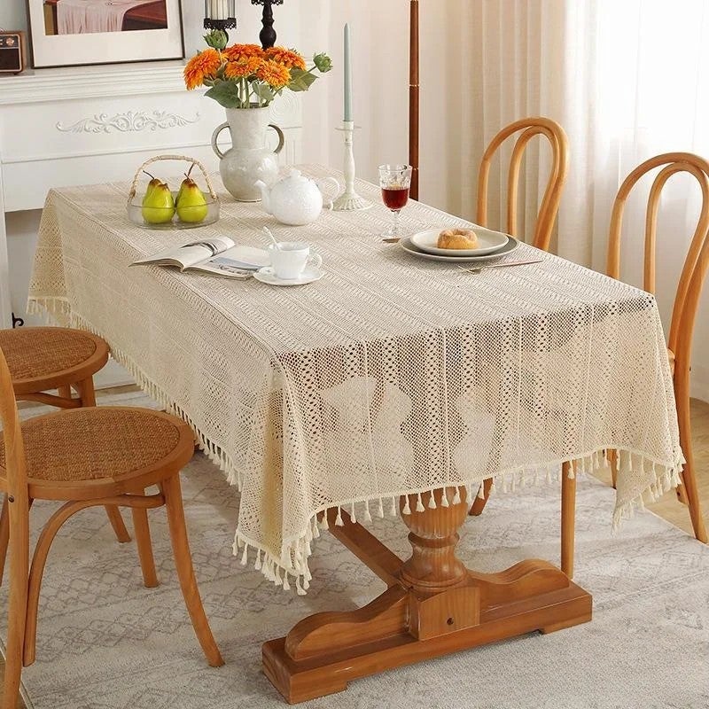 Bluejw American Pastoral Style Handmade Beige white Cotton Crochet Lace Tassel Hollowed Out Tablecloth home decoration table cover pad - Image 1
